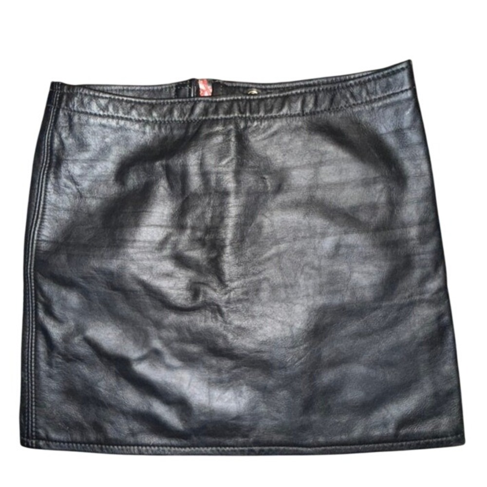 Vintage Genuine Leather Mini Skirt Black Soft Leather Back Zip 28" Waist